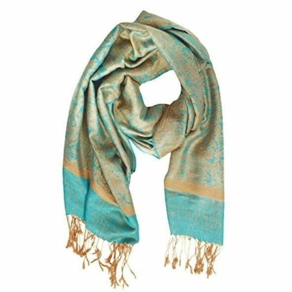 pashmina Accessories - Pashmina Shawl Women Paskmlna Paisley Jacquard Wrap Turquoise/Gold Holiday Gift